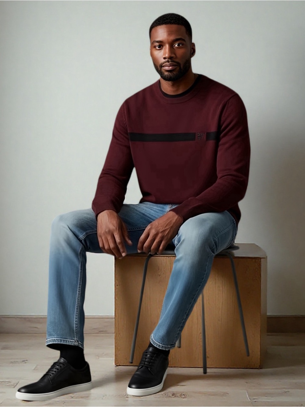 DKNY Men’s Wine Red Crewneck Sweater Size L – NWT – Logo Chest Stripe